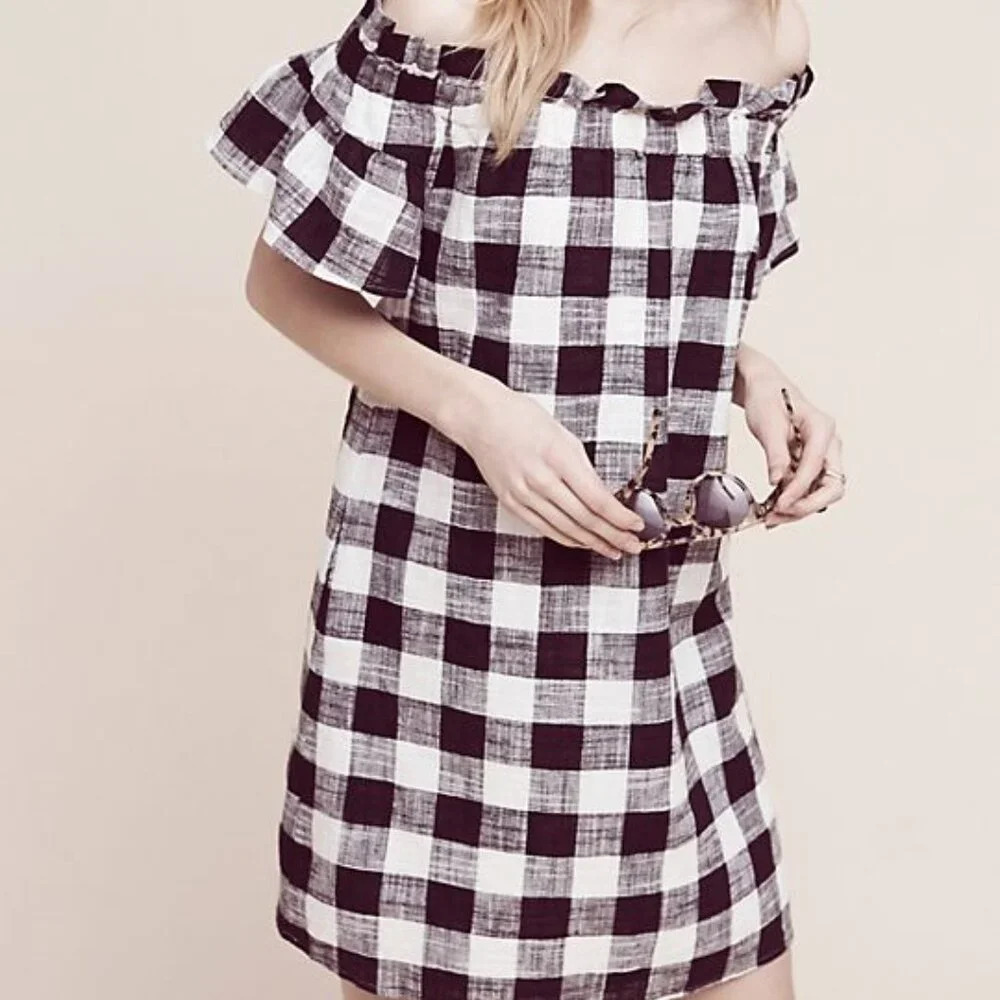 Corey Lynn Calter Black White Preppy Gingham Off The Shoulder Mini Dress Size XS
